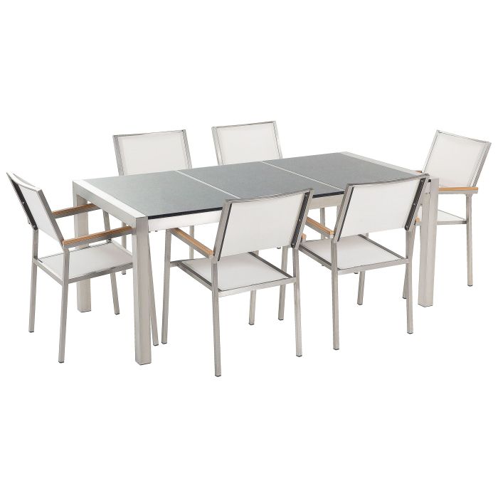 6 Seater Garden Dining Set Grey Granite Triple Plate Top with White Chairs GROSSETO