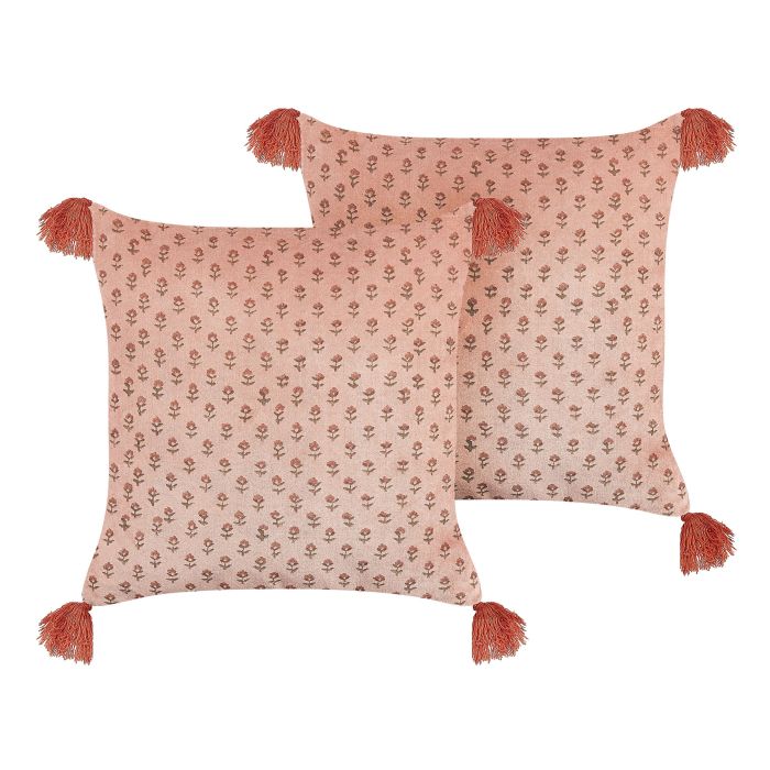 Set of 2 Velvet Cushions Floral Motif with Tassels 45x45cm Pink