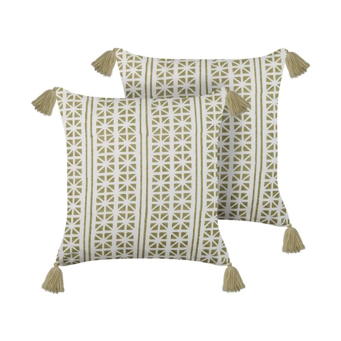 Set of 2 Cotton Cushions Geometric Pattern 45x45cm Green and White