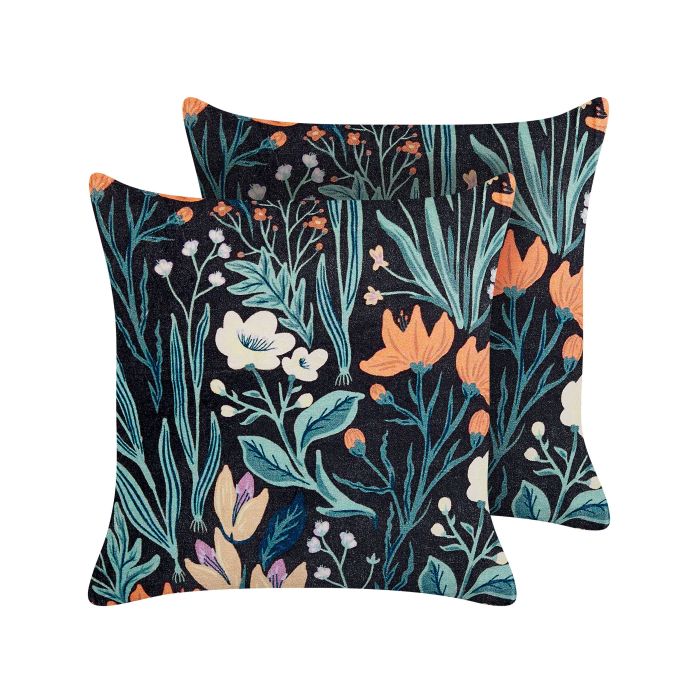 Set of 2 Velvet Cushions with Flower Pattern 45x45cm Black and Green