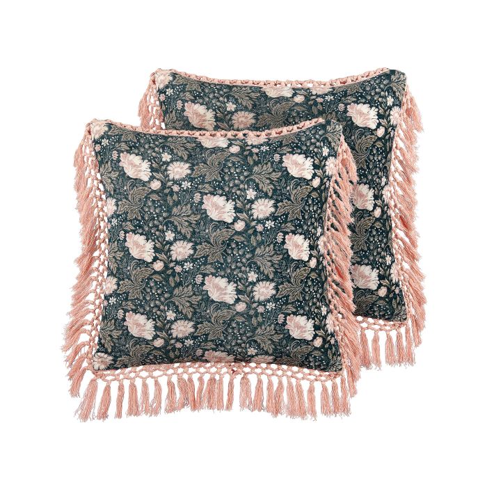 Set of 2 Velvet Cushions Flower Pattern with Tassels 45x45cm Blue and Pink