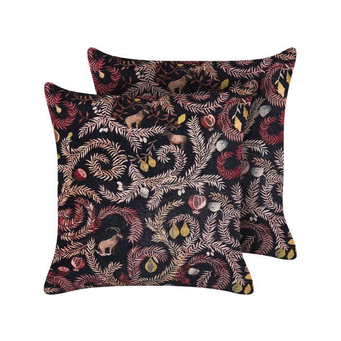 Set of 2 Velvet Cushions with Botanical Pattern 45x45cm Black and Pink