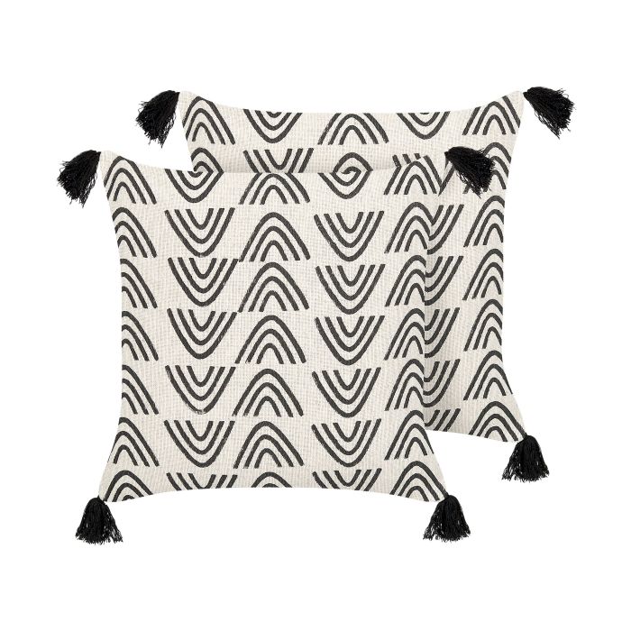 Set of 2 Cotton Cushions Geometric Pattern with Tassels 45x45cm White and Black