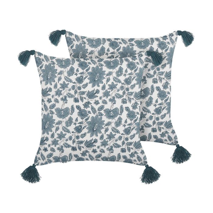 Set of 2 Cotton Cushions Floral Pattern with Tassels 45x45cm White and Blue