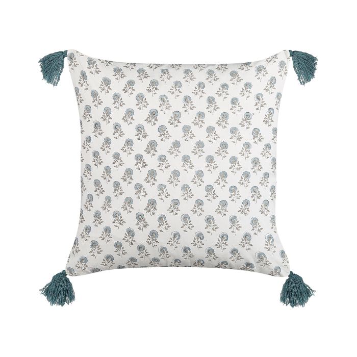 Cotton Cushion Floral Pattern with Tassels 45x45cm White and Blue