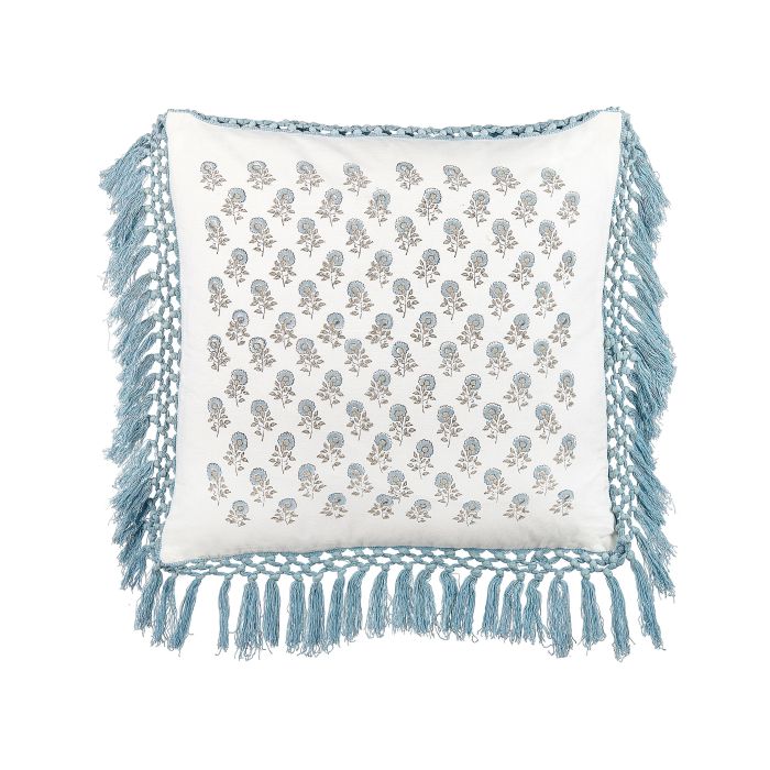 Fringed Cotton Cushion Floral Pattern 45x45cm White and Blue