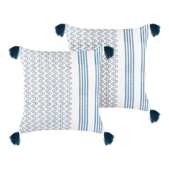Set of 2 Cotton Cushions Geometric Pattern with Tassels 45x45cm White and Dark Blue