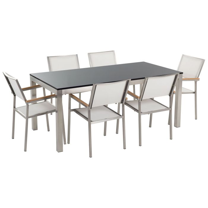 6 Seater Garden Dining Set Flamed Granite Top with White Chairs GROSSETO