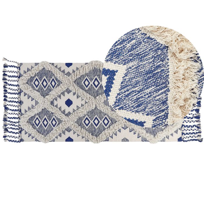 Cotton Runner Rug 80x200cm Light Beige and Blue