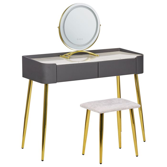 Dressing Table - KIWI 2 Drawer Dresser Grey and Gold 100cm