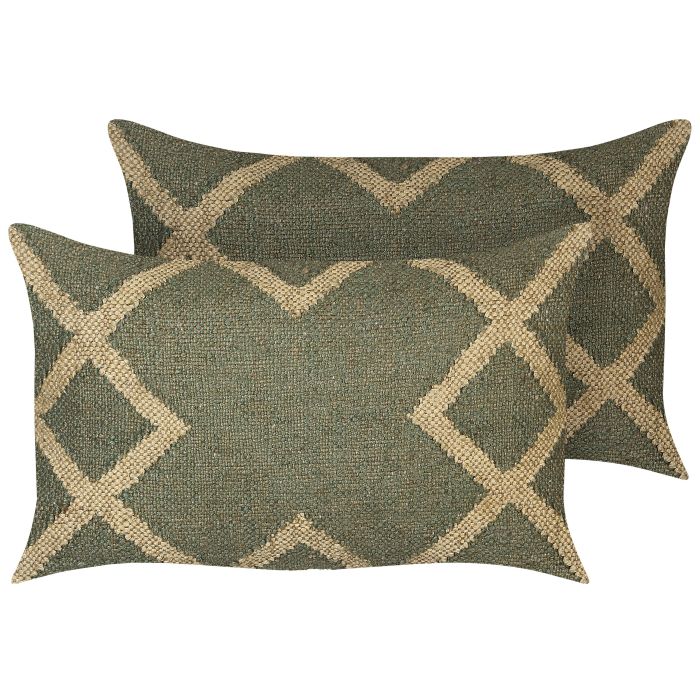Set of 2 Jute Cushions 30x50cm Green and Beige