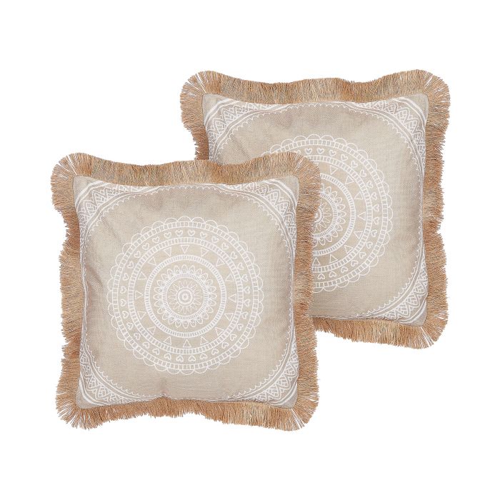 Set of 2 Cushions Boho Motif 45x45cm Beige and White