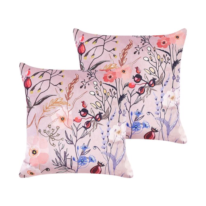 Set of 2 Velvet Cushions Flower Motif 45x45cm Pink