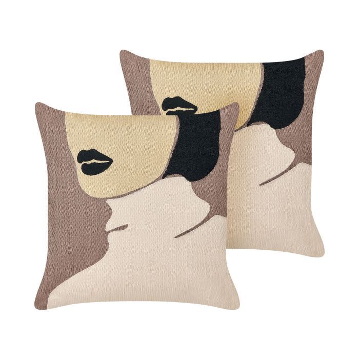 Set of 2 Cotton Cushions Female Motif 45x45cm Brown and Beige