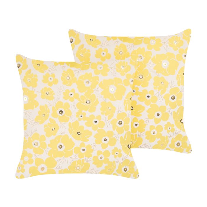Set of 2 Velvet Cushions Floral Pattern 45x45cm Beige and Yellow