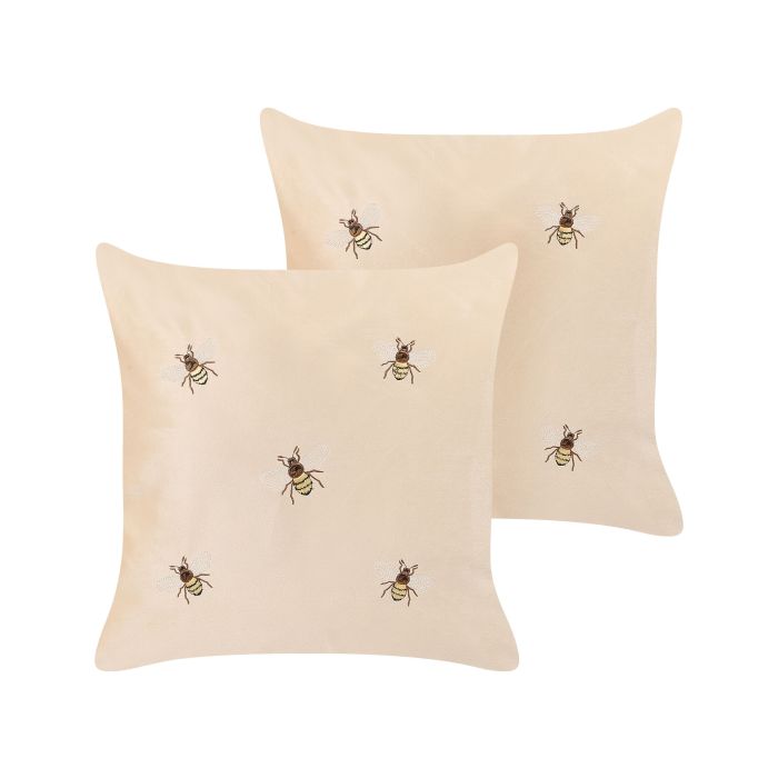 Set of 2 Embroidered Velvet Cushions Bees Motif 45x45cm Beige