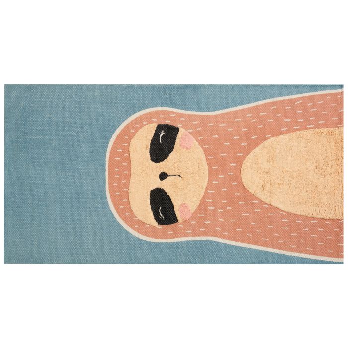 Cotton Kids Rug Three Toed-Sloth Print 80x150cm Blue and Orange