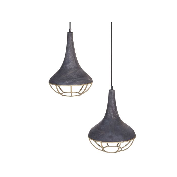 2 Light Mango Wood Pendant Lamp Black and Brass BAGMATI