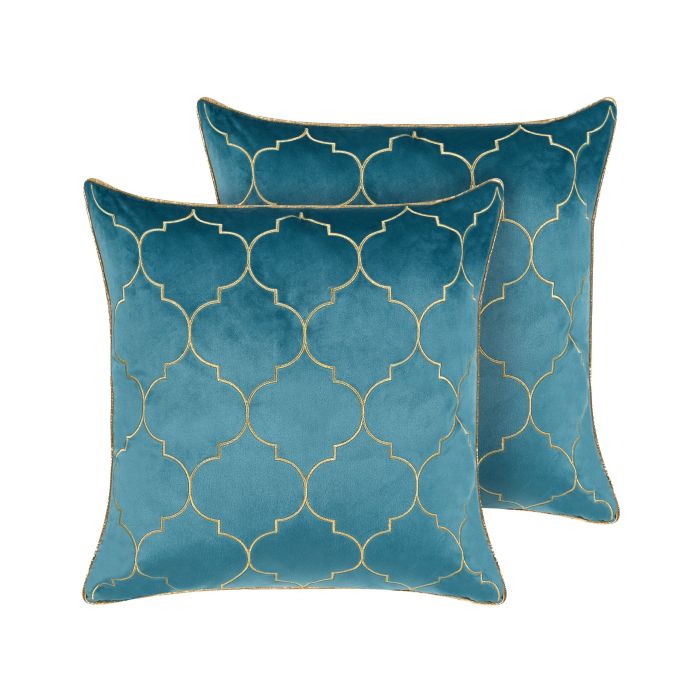 Set of 2 Velvet Cushions Moroccan Pattern 45x45cm Blue