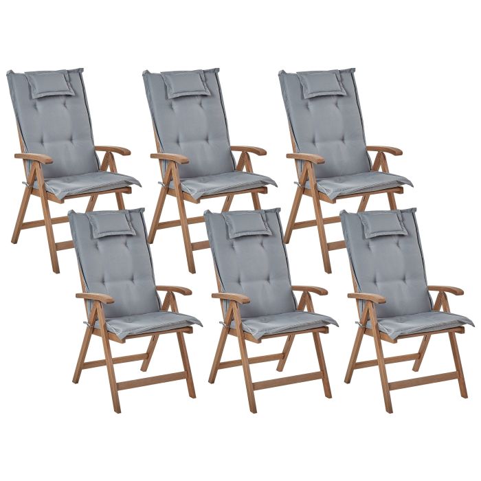 Set of 6 Acacia Wood Garden Folding Chairs Dark Wood with Grey Cushions AMANTEA