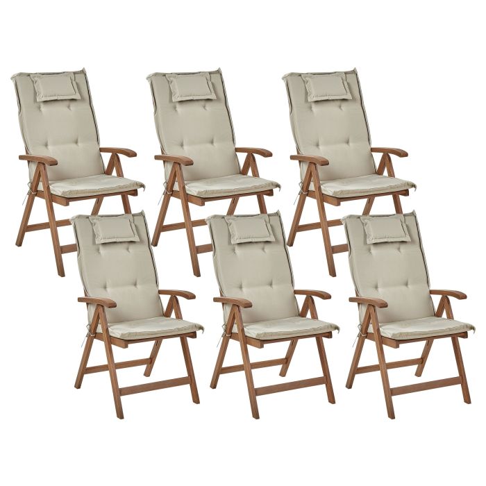 Set of 6 Acacia Wood Garden Folding Chairs Dark Wood with Taupe Cushions AMANTEA