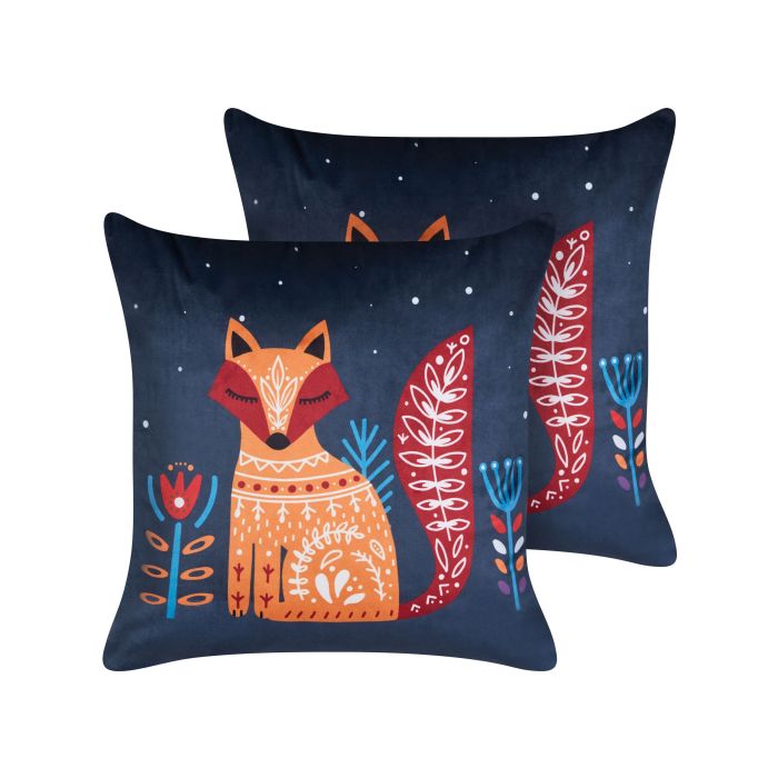 Set of 2 Velvet Kids Cushions Fox Motif 45x45cm Dark Blue