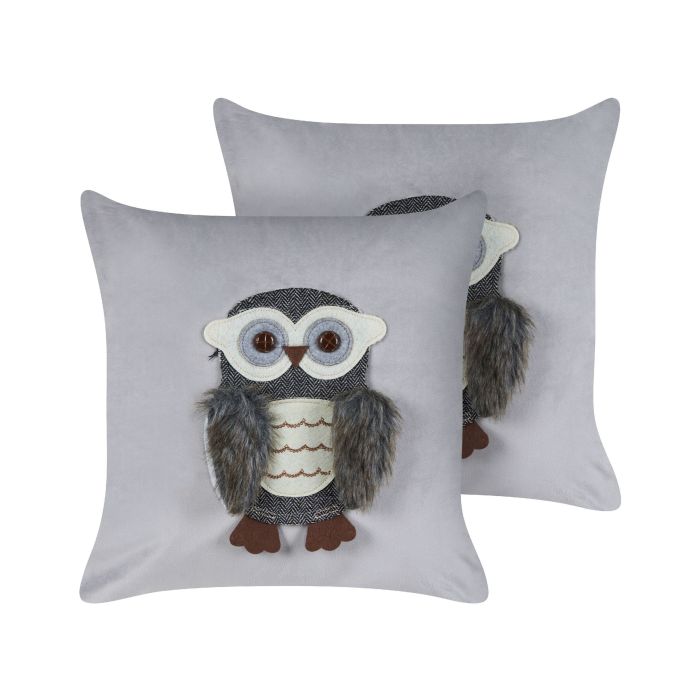 Set of 2 Velvet Kids Cushions Owl Motif 45x45cm Grey