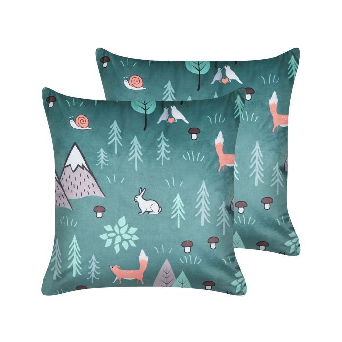 Set of 2 Velvet Kids Cushions Forest Motif 45x45cm Mint Green