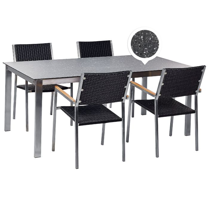 4 Seater Garden Dining Set Black Granite Effect Glass Top with PE Rattan Black Chairs COSOLETO/GROSSETO