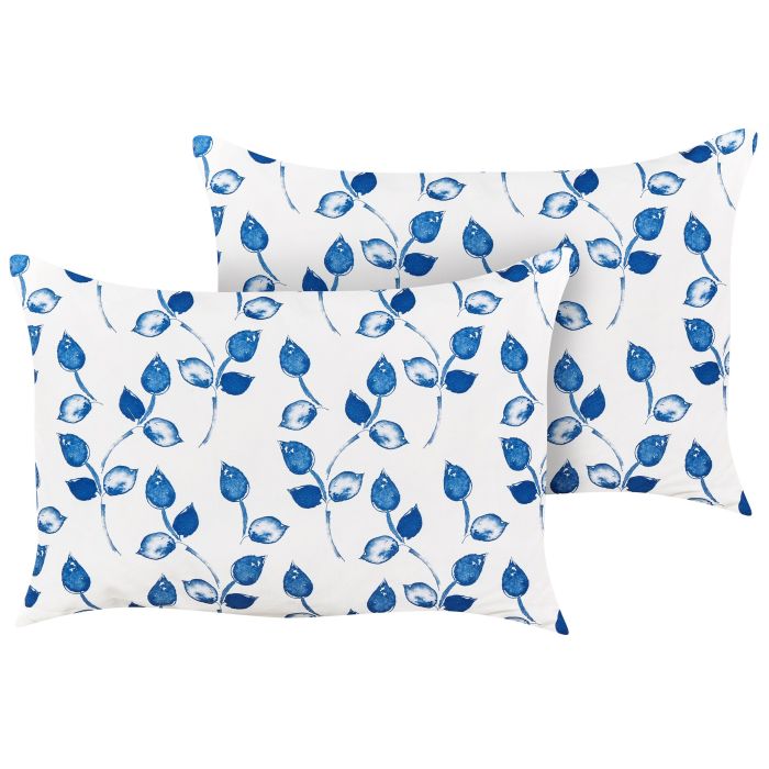 Set of 2 Outdoor Cushions Leaf Motif 40 x 60 cm White and Blue TORBORA