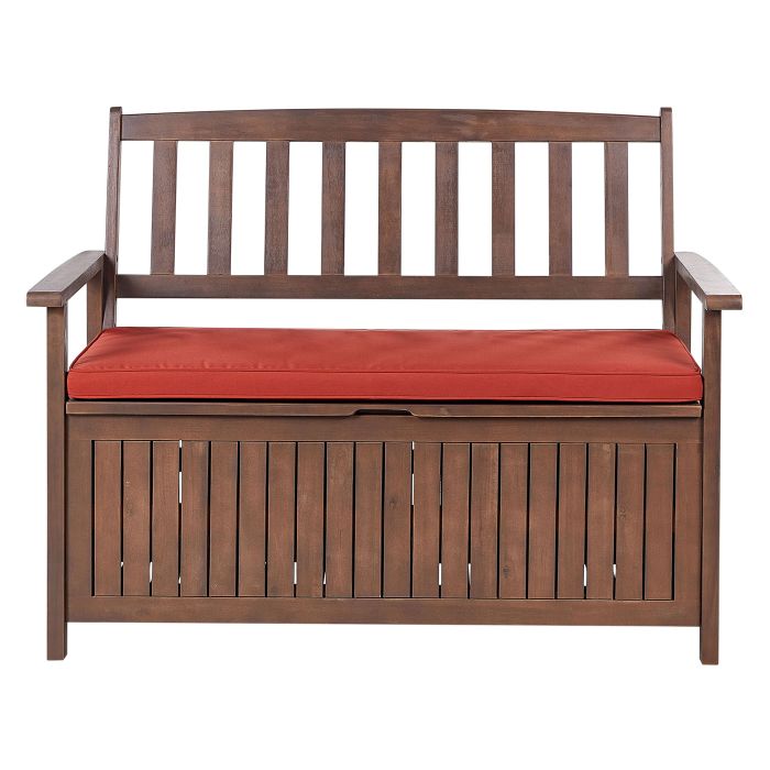 Acacia Wood Garden Bench with Storage 120 cm Dark with Red Cushion SOVANA