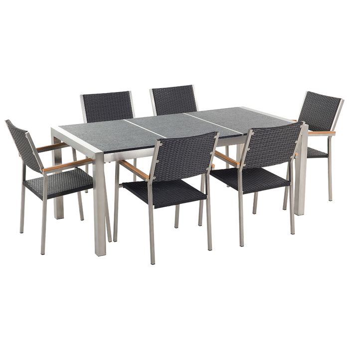 6 Seater Dining Set Black Basalt Top Rattan Chairs GROSSETO