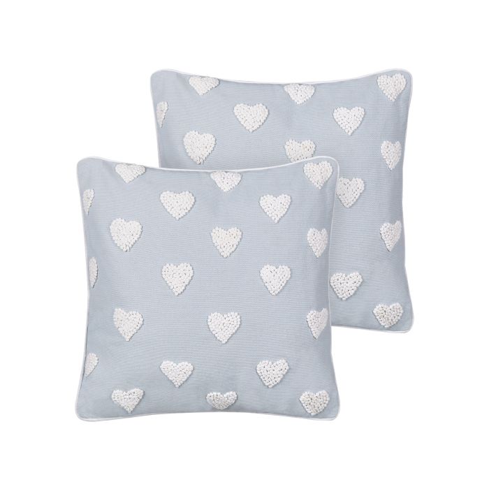 Set of 2 Cotton Cushions Embroidered Hearts 45x45cm Grey