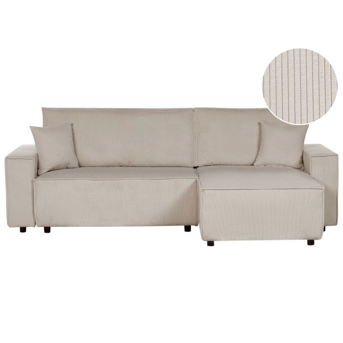 Left Hand Jumbo Cord Corner Sofa Bed Beige ABACKA