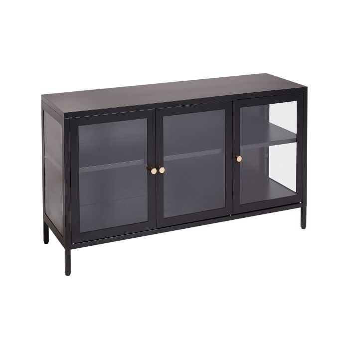 3 Door Metal Sideboard with Glass Display Black NEWPORT