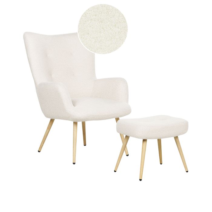 Boucle Wingback Chair with Footstool Off White VEJLE II