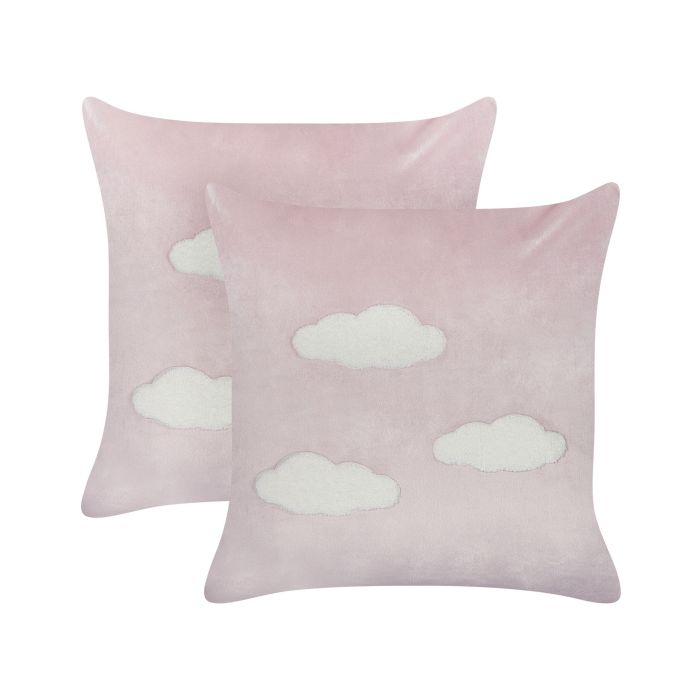 Set of 2 Velvet Embroidered Cushions Clouds Pattern 45x45cm Pink