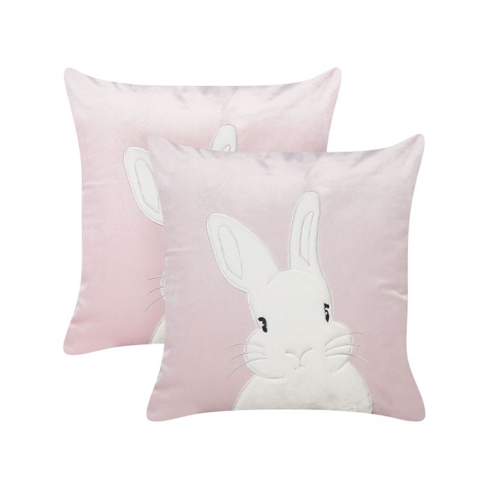 Set of 2 Velvet Embroidered Cushions Bunny Pattern 45x45cm Pink