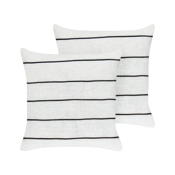 Set of 2 Linen Cushions Striped 50x50cm White and Black
