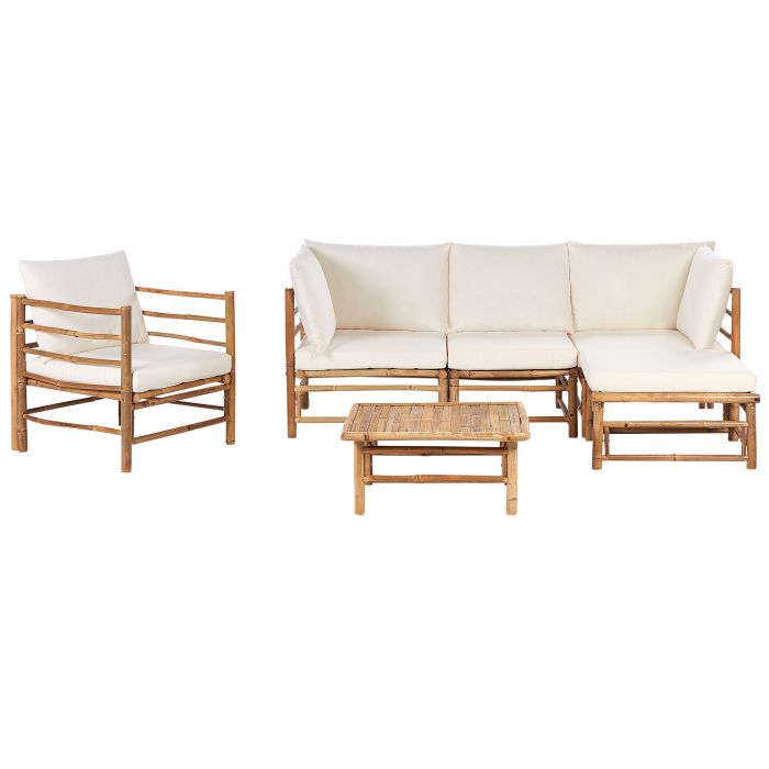 5 Seater Bamboo Garden Corner Sofa Set with Armchair Off-White CERRETO