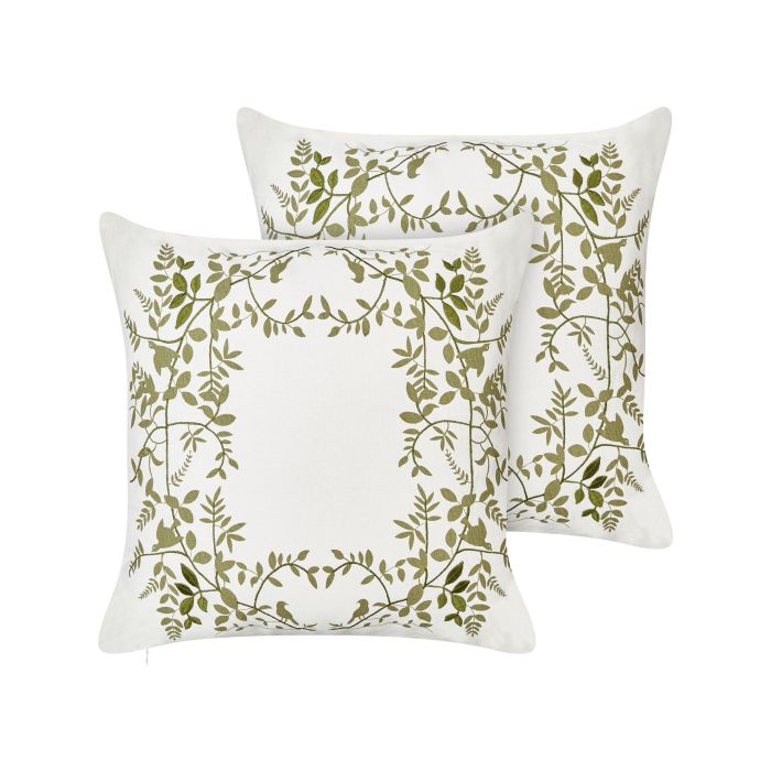 Set of 2 Cotton Cushions Floral Pattern 45x45cm White and Green