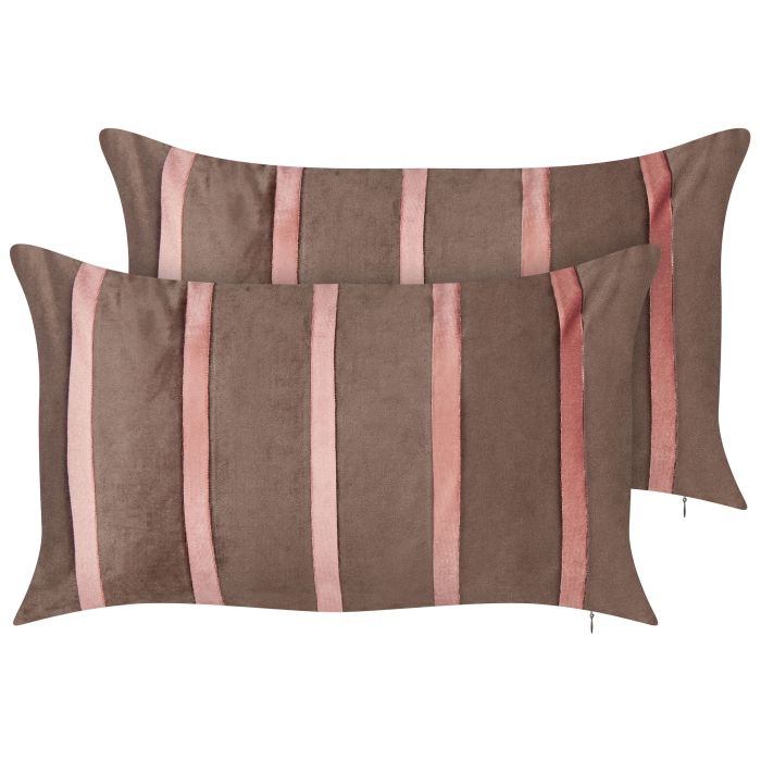 Set of 2 Velvet Cushions Striped Pattern 35x60cm Brown