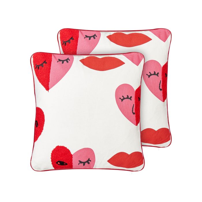 Set of 2 Cotton Cushions Abstract Pattern 45x45cm White and Red