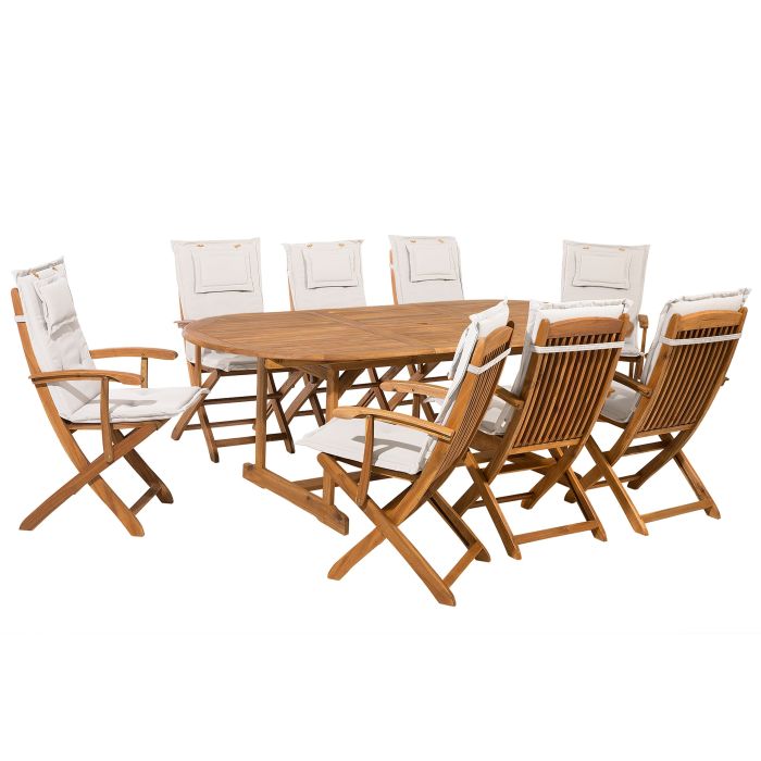 8 Seater Acacia Wood Garden Dining Set Off-white Cushions MAUI