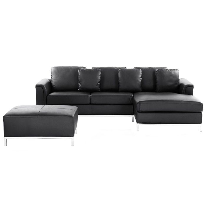 Left Hand Leather Corner Sofa with Ottoman Black OSLO