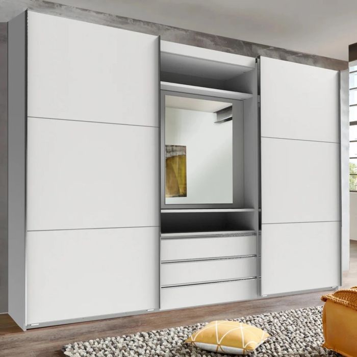 BRAN 2 Door Mirrored Sliding Wardrobe with 3 Drawers White - 300cm