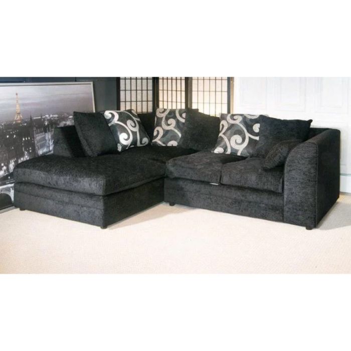 BRITTANY Chenille Fabric 4 Seater L Shaped - Left Hand Facing Corner Sofa - Black