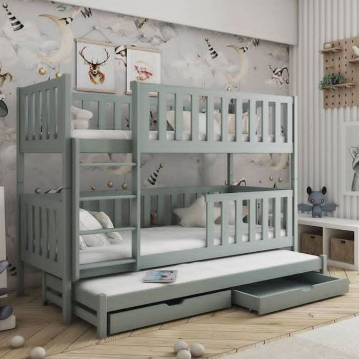Quinx Bunk Bed with Trundle and Storage in Grey - Foam/Bonnell Mattress