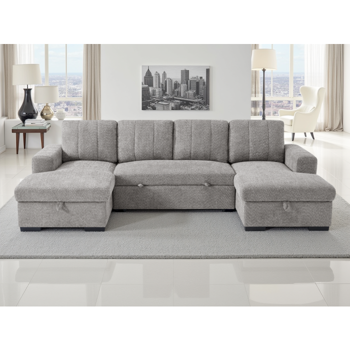FENTARO Fabric 4 Seater U Shaped Corner Sofa Bed - Grey