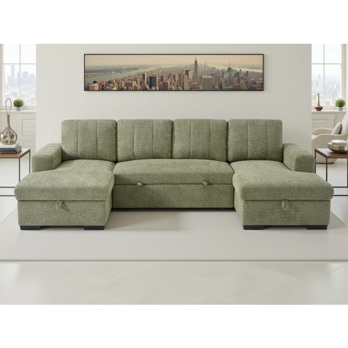 FENTARO Fabric 4 Seater U Shaped Corner Sofa Bed - Green